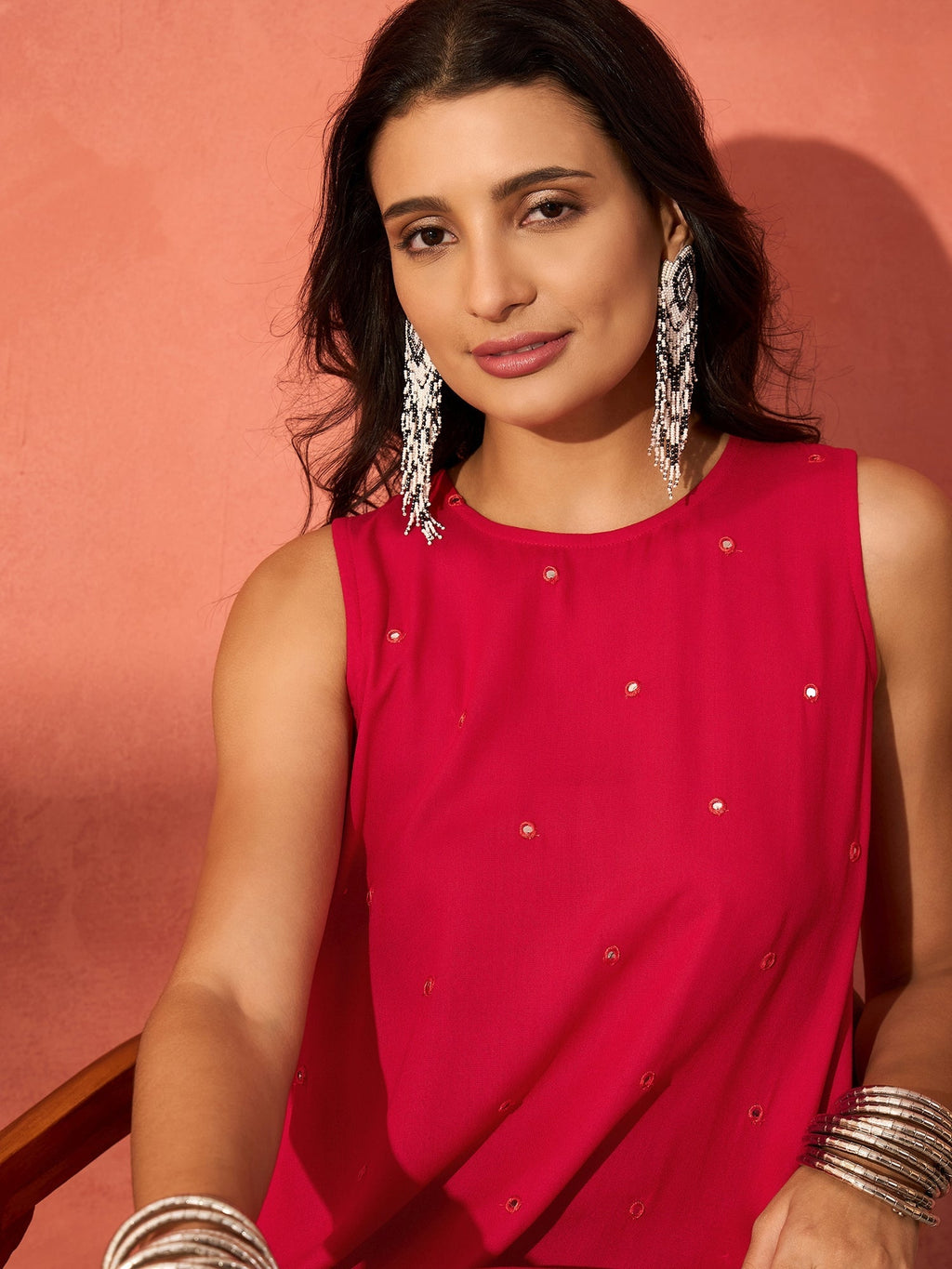 InWeave Red Mirror Work Round Neck W/S Dress - Distacart