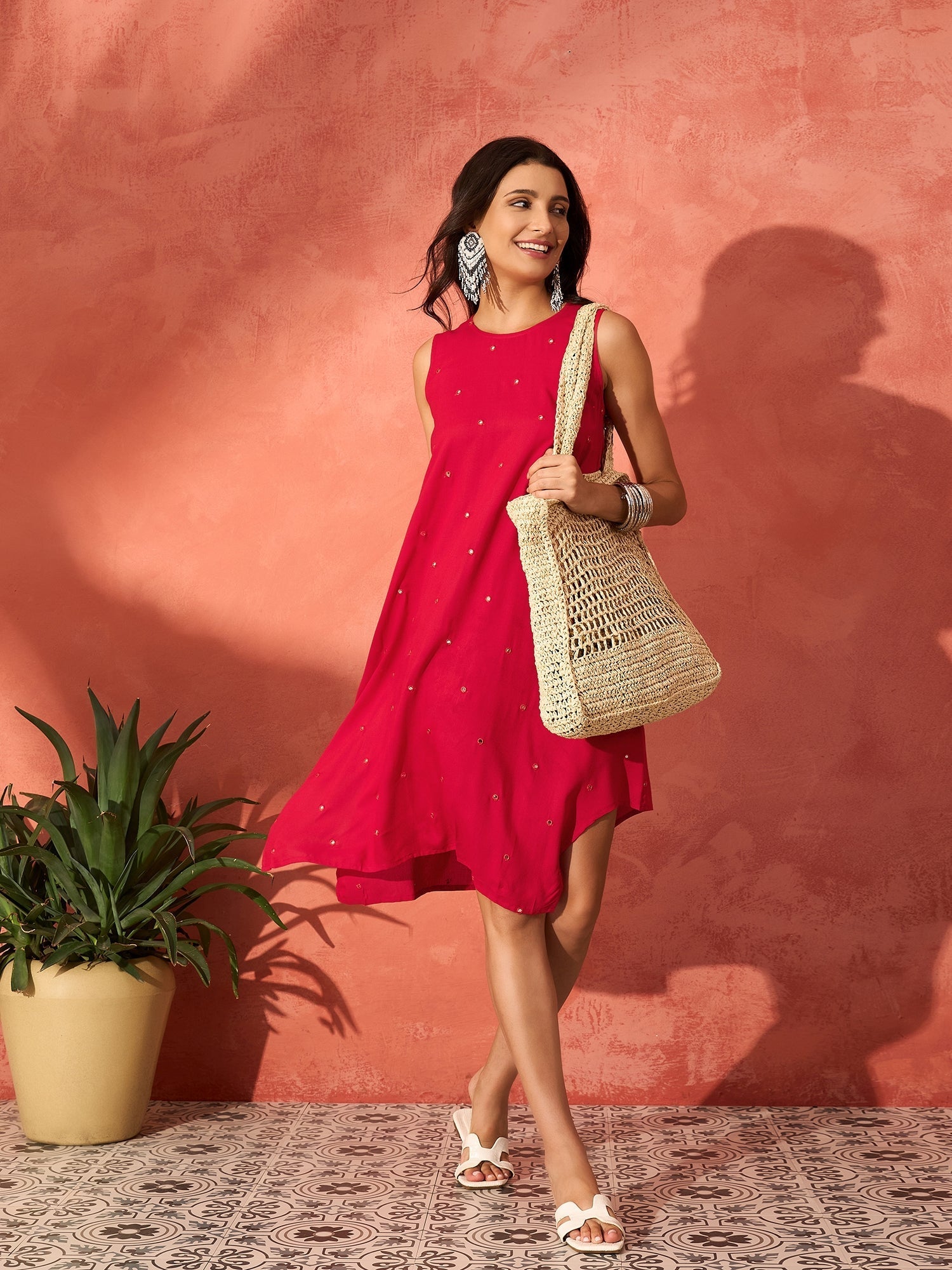 InWeave Red Mirror Work Round Neck W/S Dress - Distacart