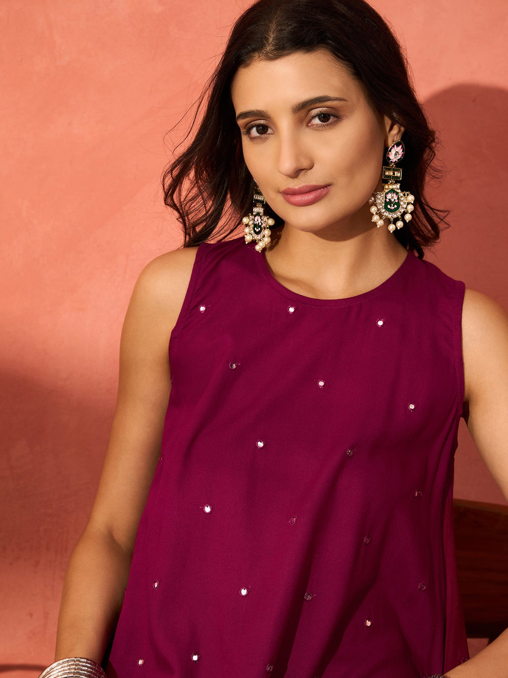 InWeave Wine Mirror Work Round Neck W/S Dress - Distacart