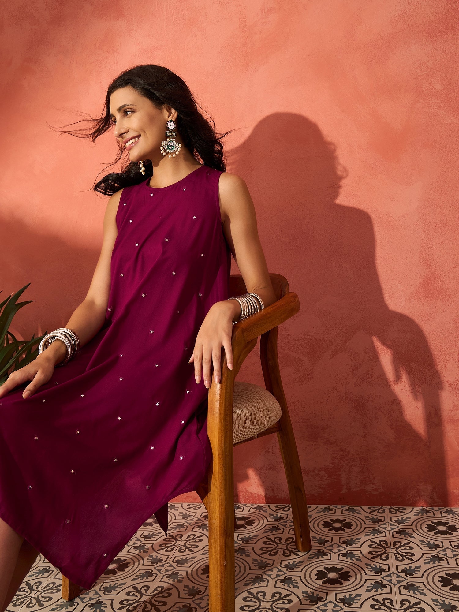 InWeave Wine Mirror Work Round Neck W/S Dress - Distacart