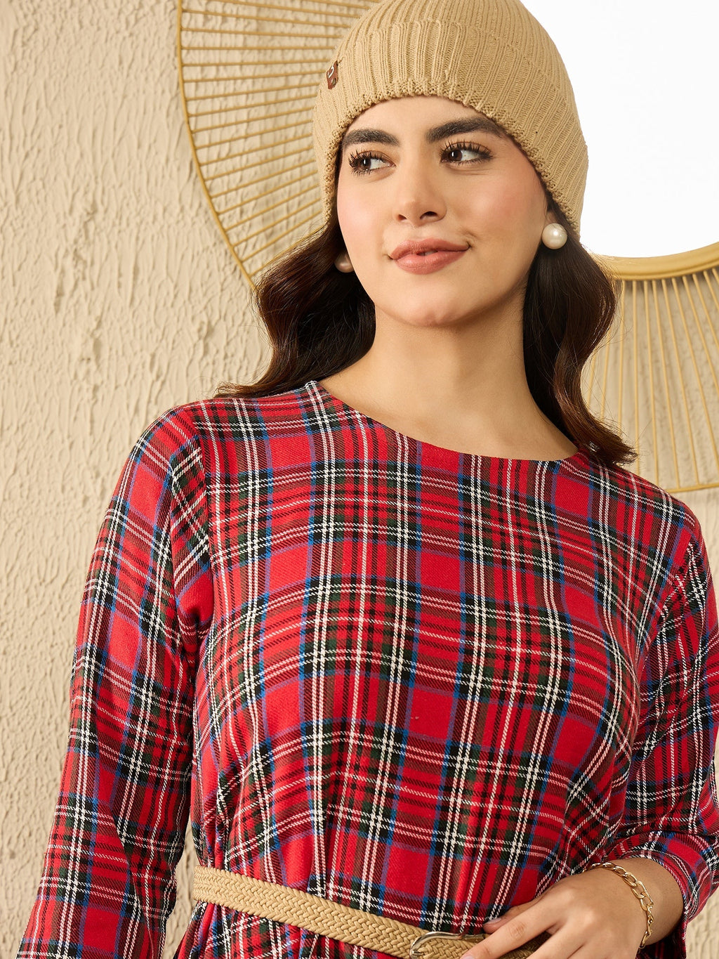 InWeave Red Green Check Dress - Distacart