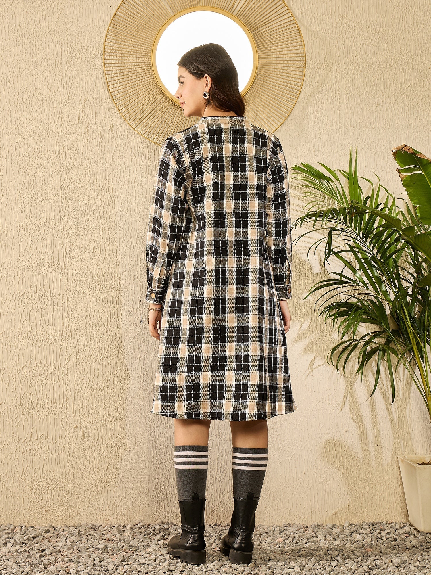 InWeave Black Beige Check Dress - Distacart