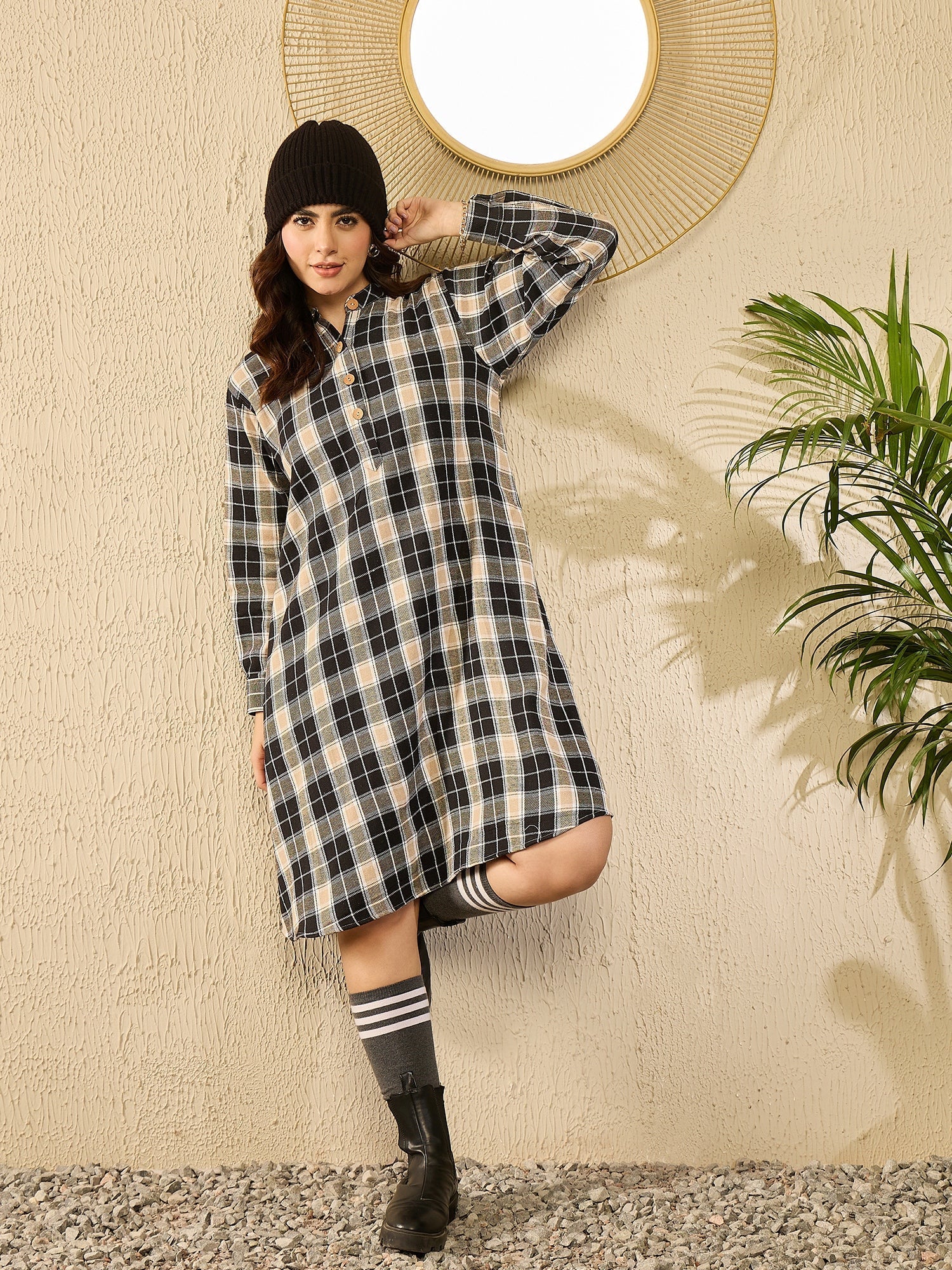 InWeave Black Beige Check Dress - Distacart