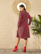 InWeave Red Green Check Mandarin Button Neck Dress - Distacart