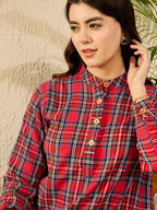 InWeave Red Green Check Mandarin Button Neck Dress - Distacart