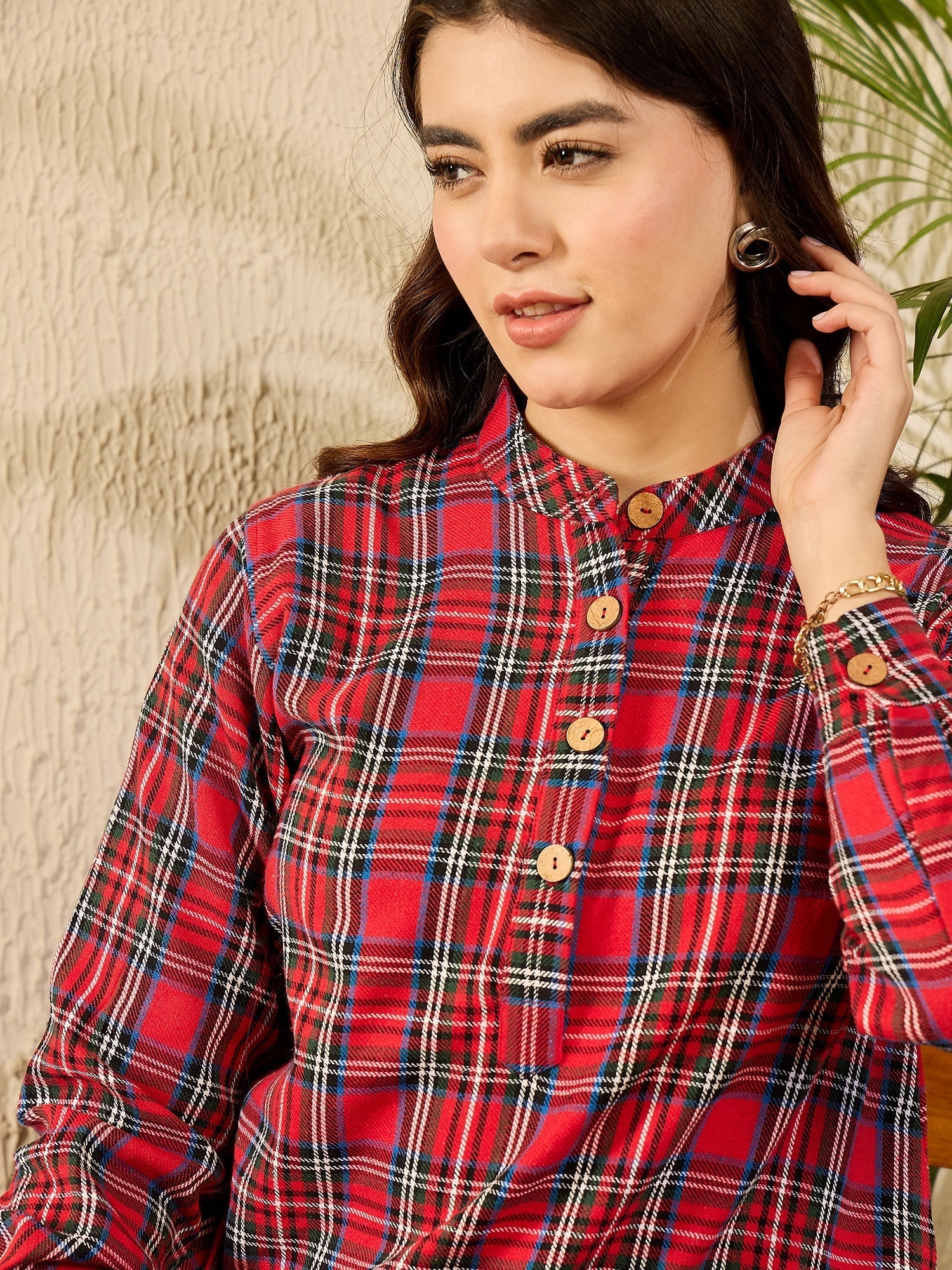InWeave Red Green Check Mandarin Button Neck Dress - Distacart