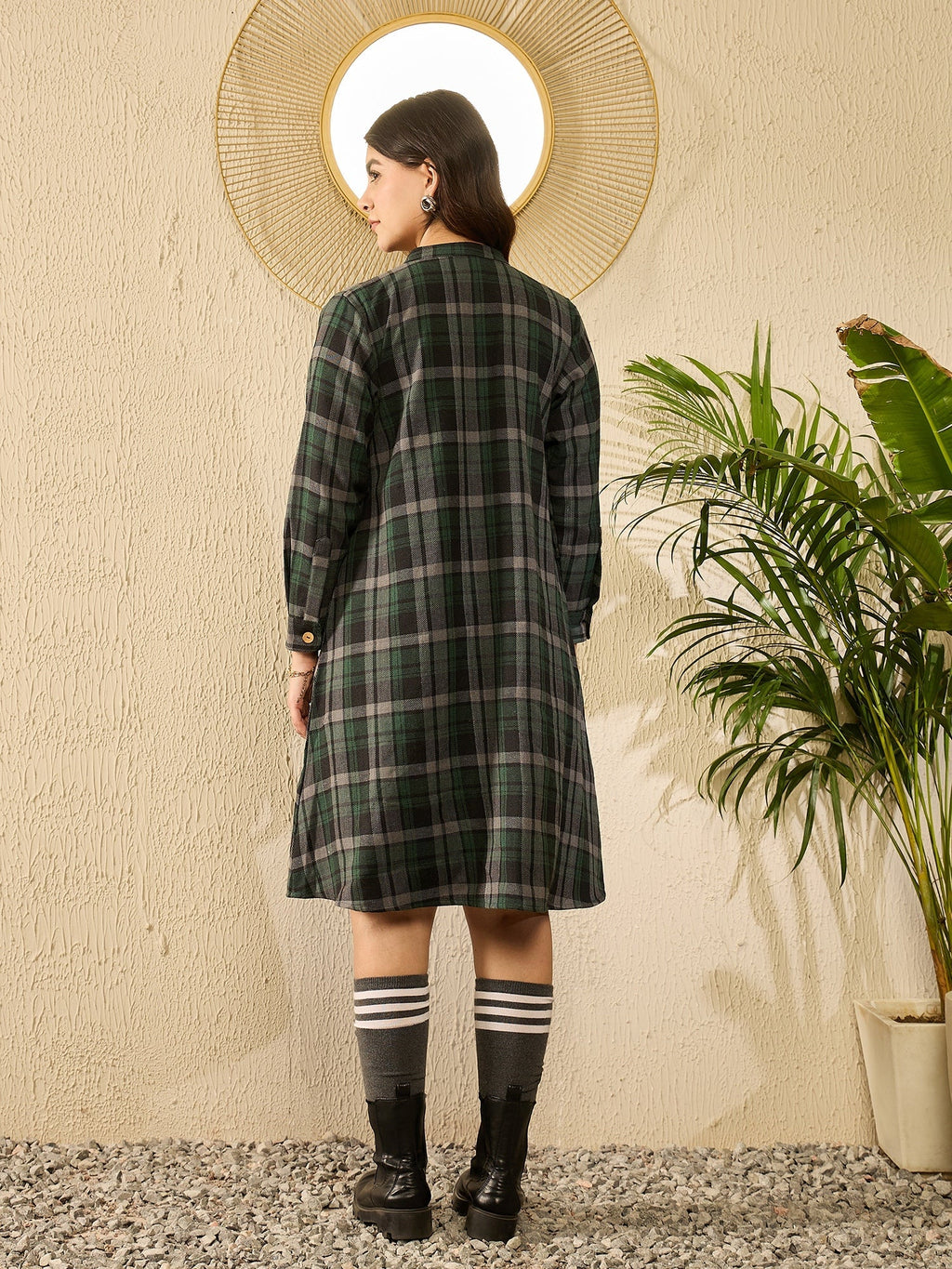 InWeave Green Black Check Mandarin Button Neck Dress - Distacart