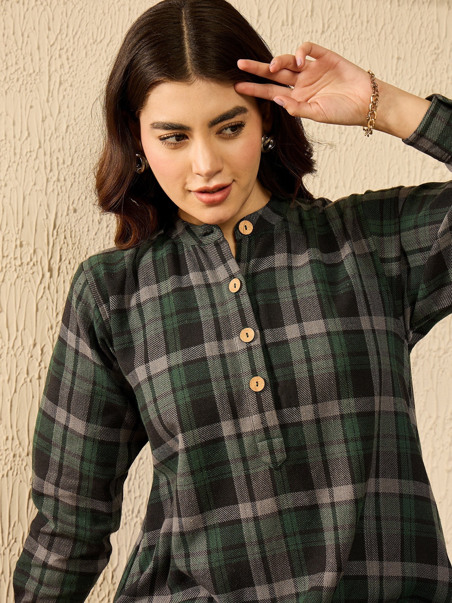 InWeave Green Black Check Mandarin Button Neck Dress - Distacart