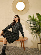 InWeave Green Black Check Mandarin Button Neck Dress - Distacart