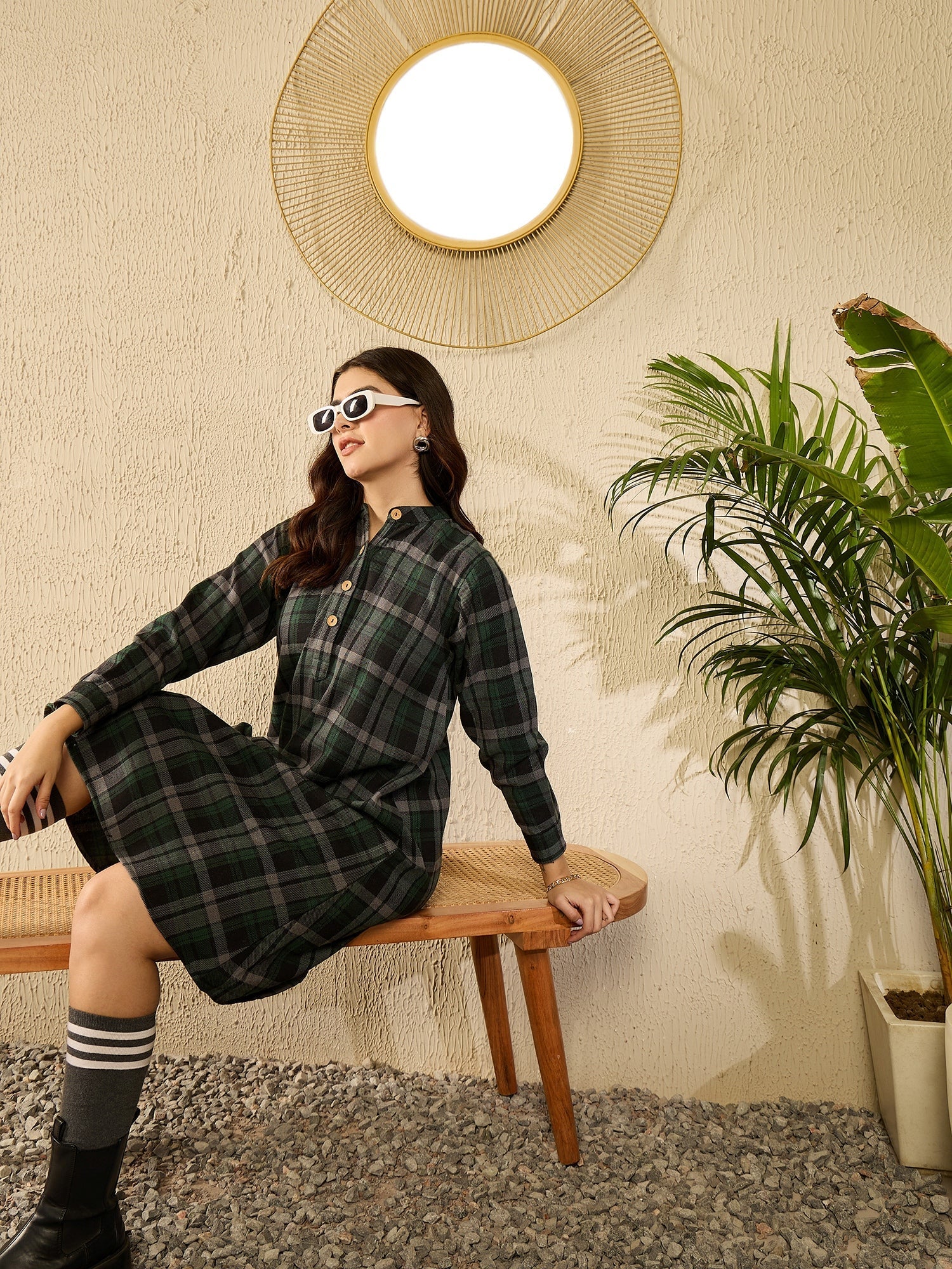 InWeave Green Black Check Mandarin Button Neck Dress - Distacart