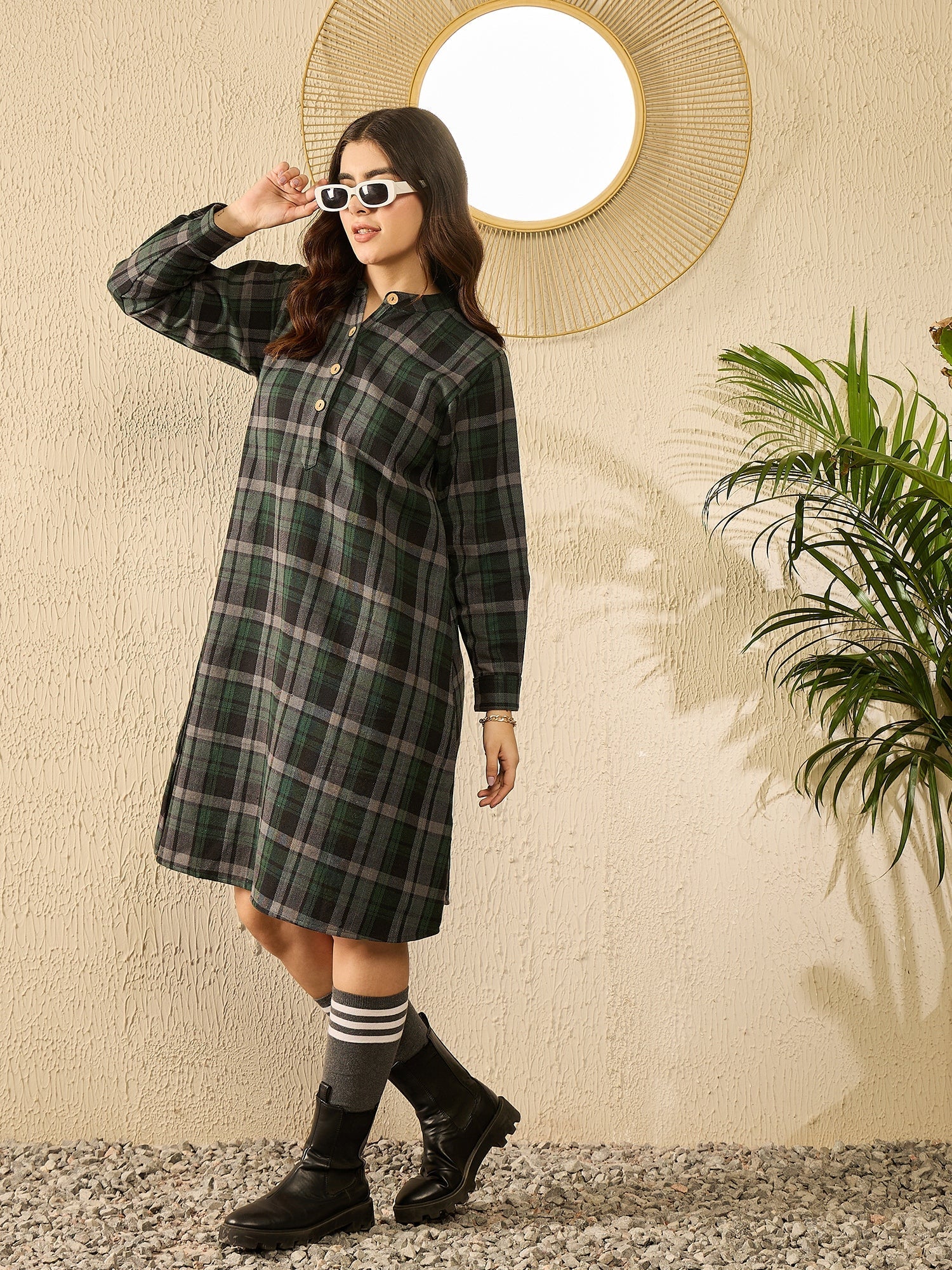 InWeave Green Black Check Mandarin Button Neck Dress - Distacart