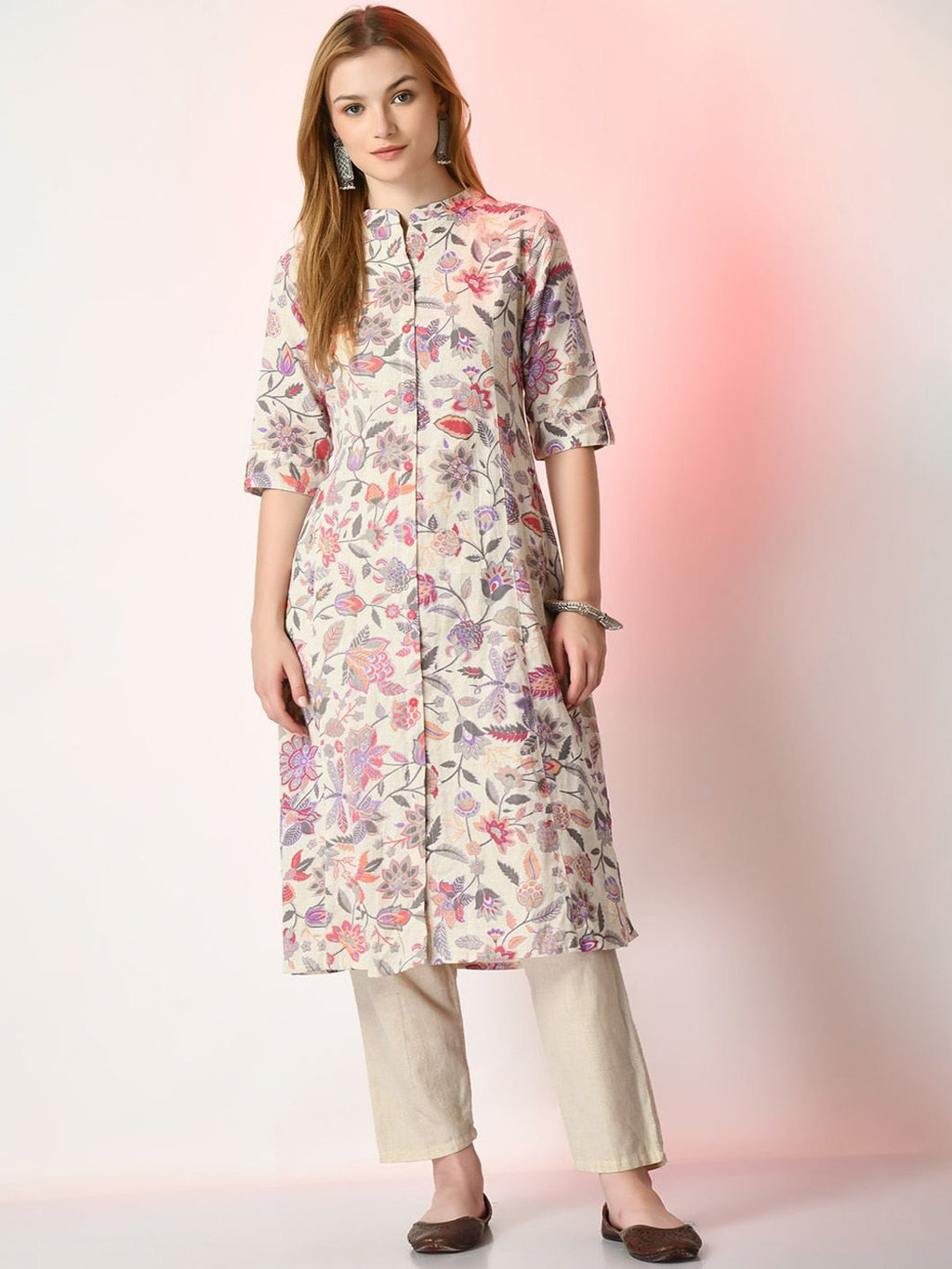 Sangria Off White Floral Printed Mandarin Collar Cotton A-Line Kurta - Distacart