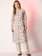 Sangria Off White Floral Printed Mandarin Collar Cotton A-Line Kurta - Distacart