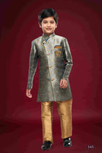 Raivat Ethnic Kids Banarasi Jacquard Woven Work Semi Indo Western Set Dark Grey Colour