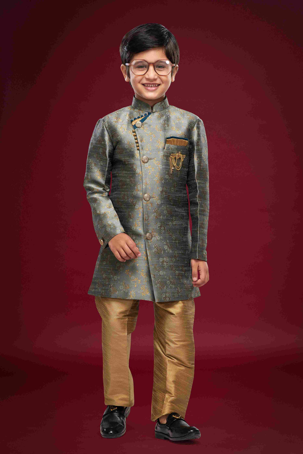 Raivat Ethnic Kids Banarasi Jacquard Woven Work Semi Indo Western Set Dark Grey Colour