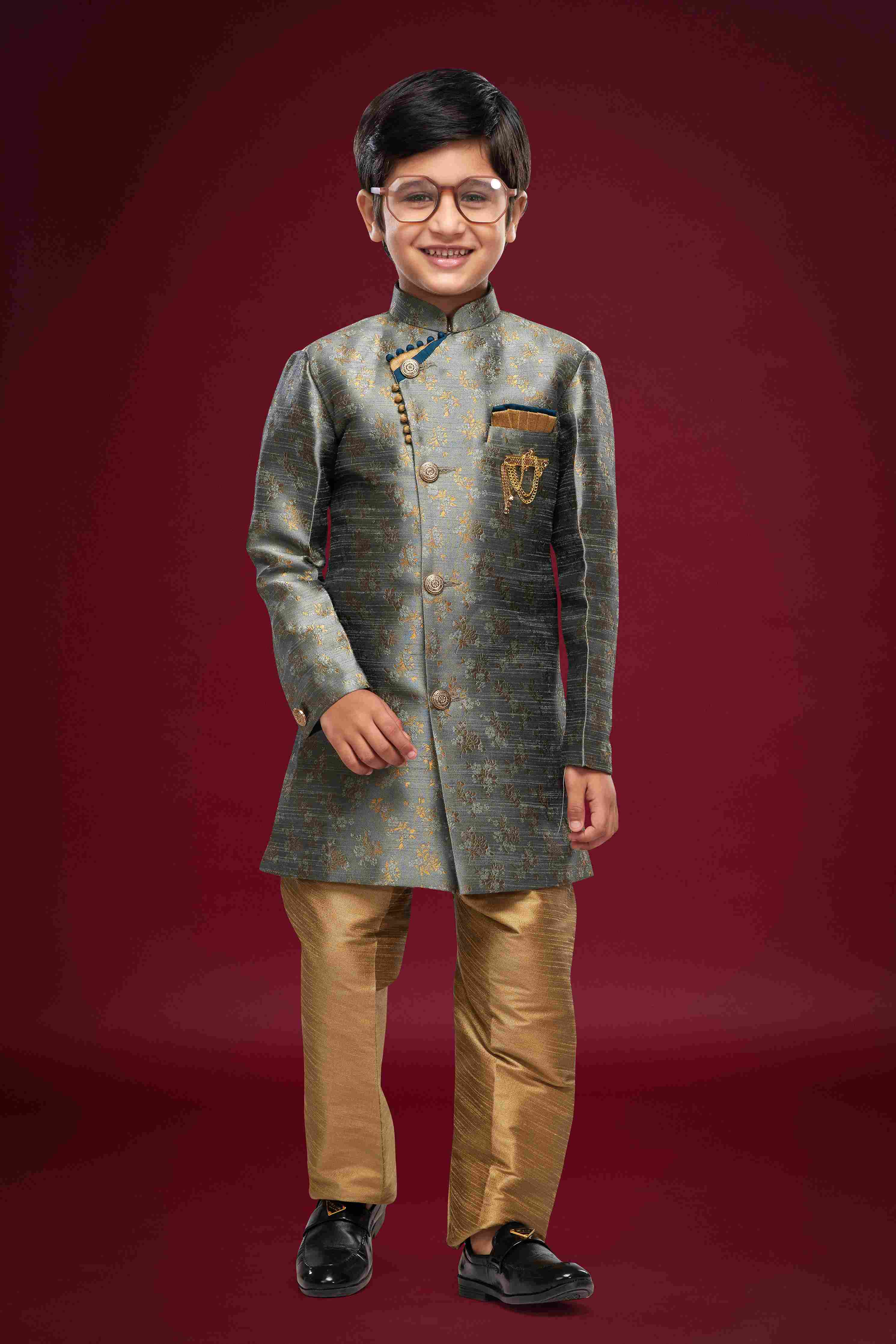 Raivat Ethnic Kids Banarasi Jacquard Woven Work Semi Indo Western Set Dark Grey Colour