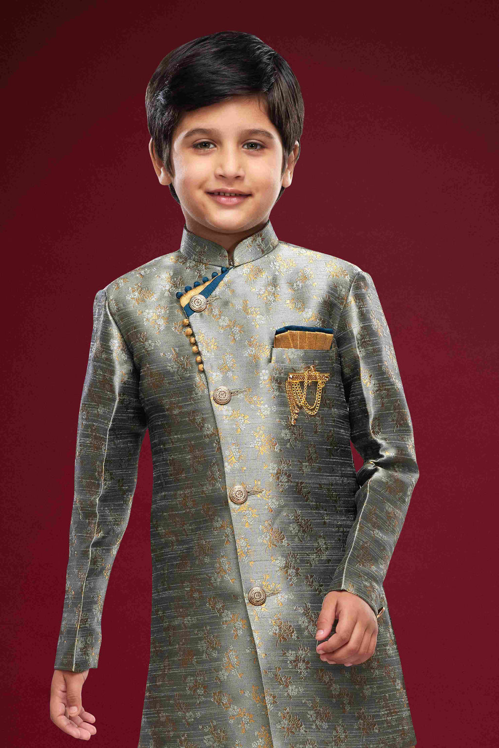 Raivat Ethnic Kids Banarasi Jacquard Woven Work Semi Indo Western Set Dark Grey Colour