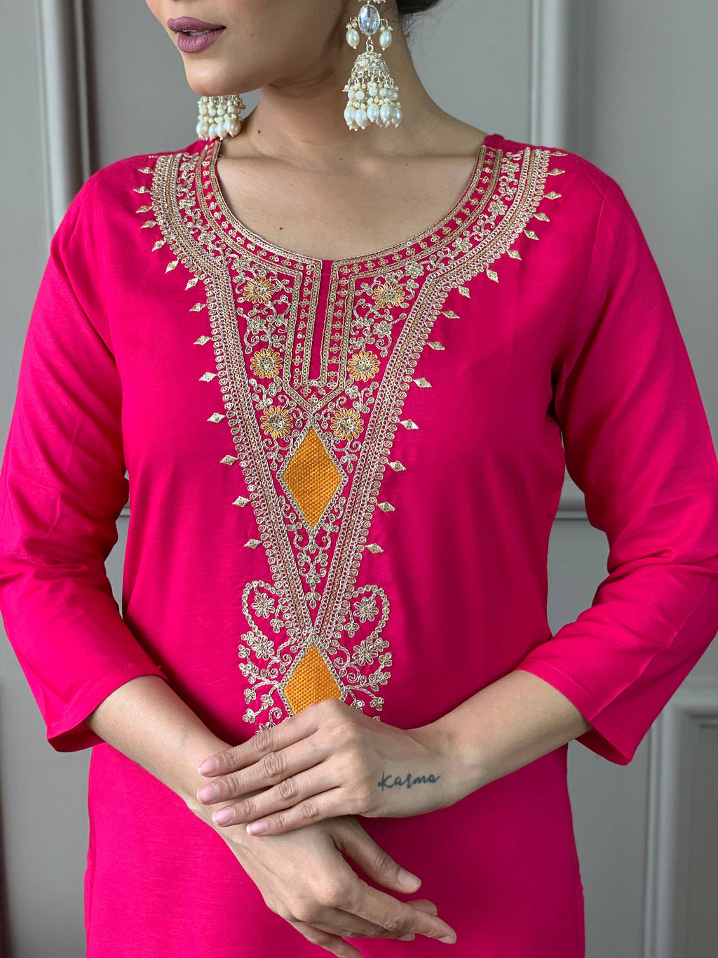 The52 Viscose Silk Fabric work Straight cut Kurta, Pant and Dupatta Set - Distacart