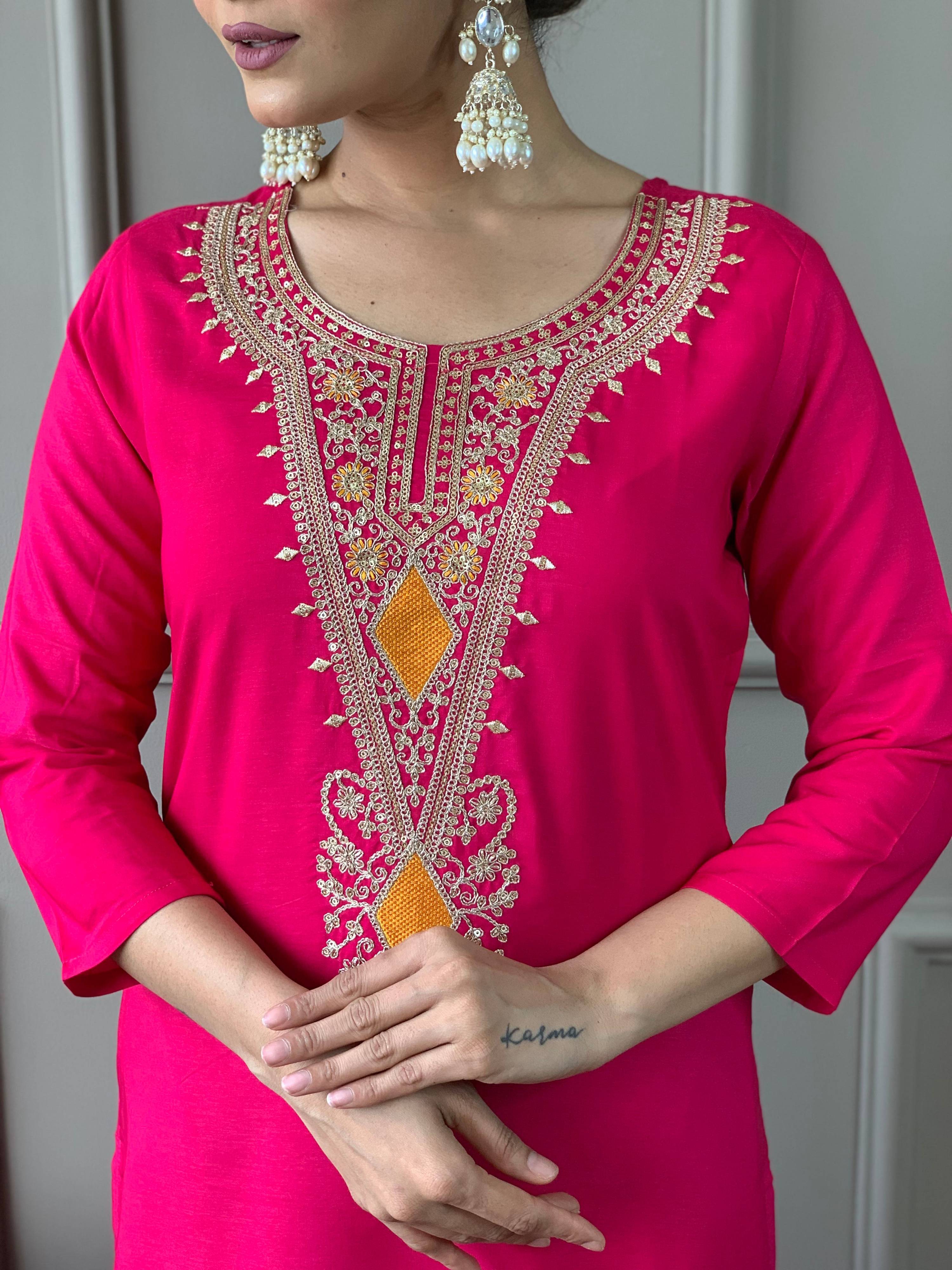 The52 Viscose Silk Fabric work Straight cut Kurta, Pant and Dupatta Set - Distacart