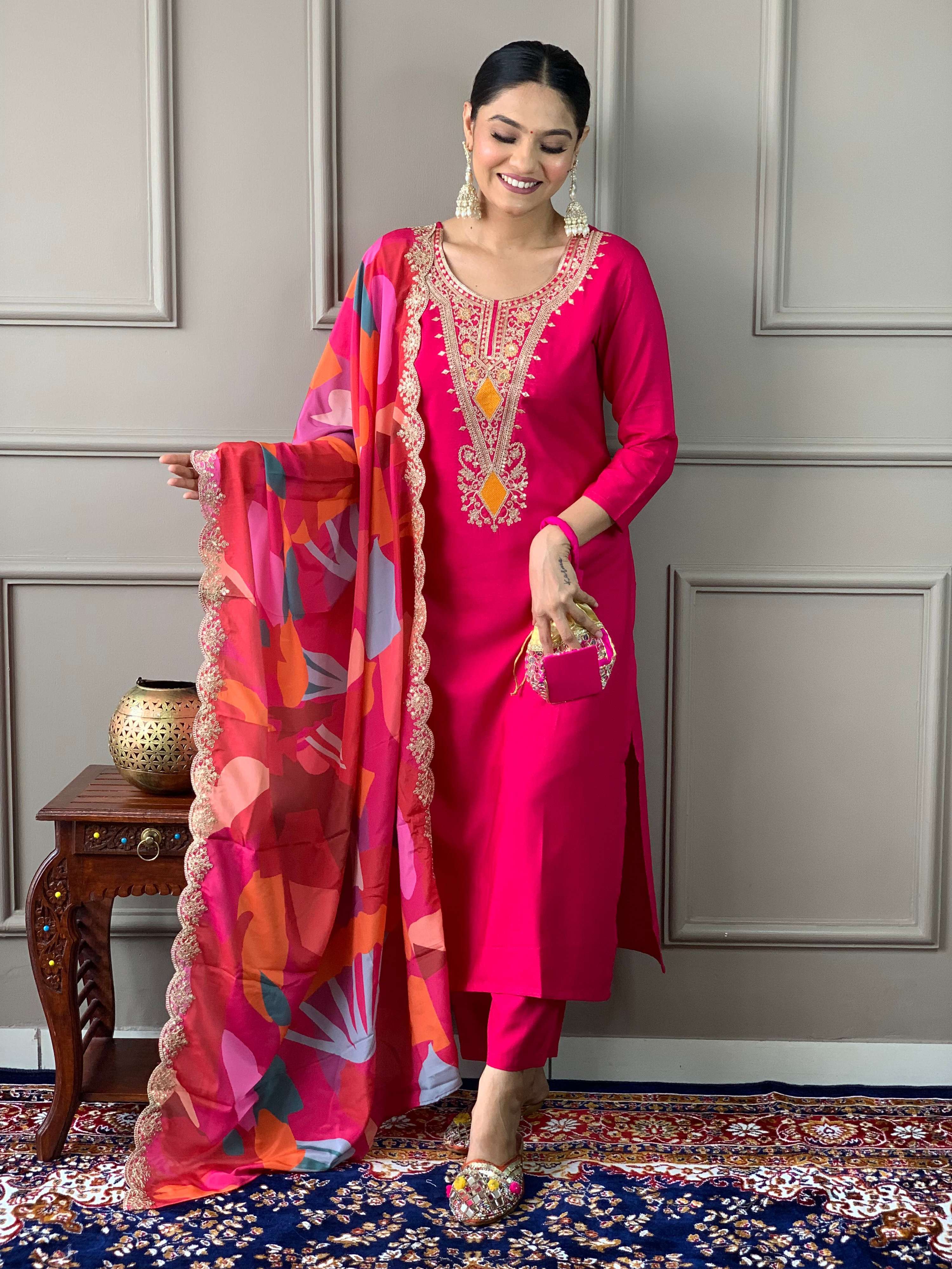 The52 Viscose Silk Fabric work Straight cut Kurta, Pant and Dupatta Set - Distacart