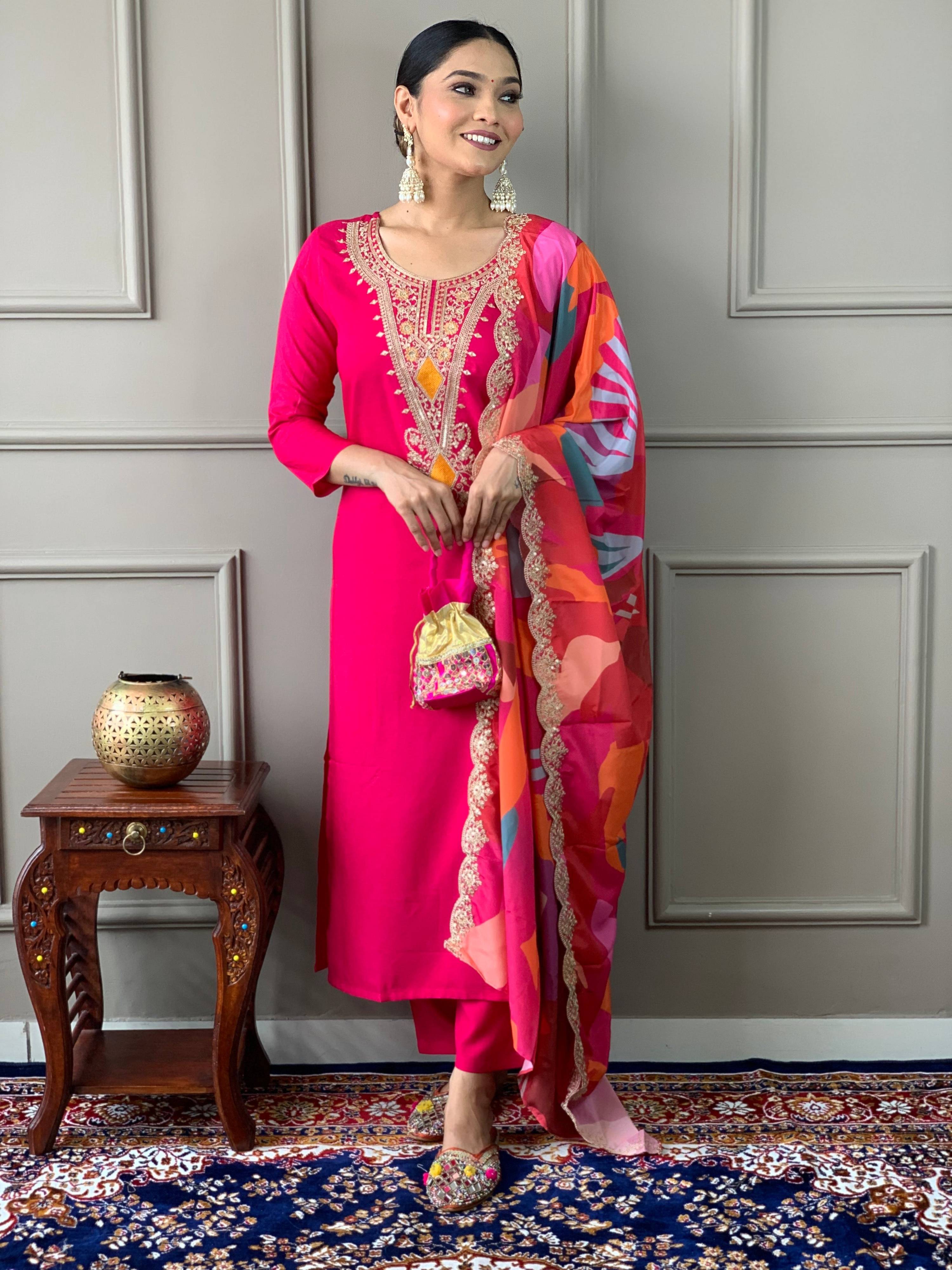 The52 Viscose Silk Fabric work Straight cut Kurta, Pant and Dupatta Set - Distacart