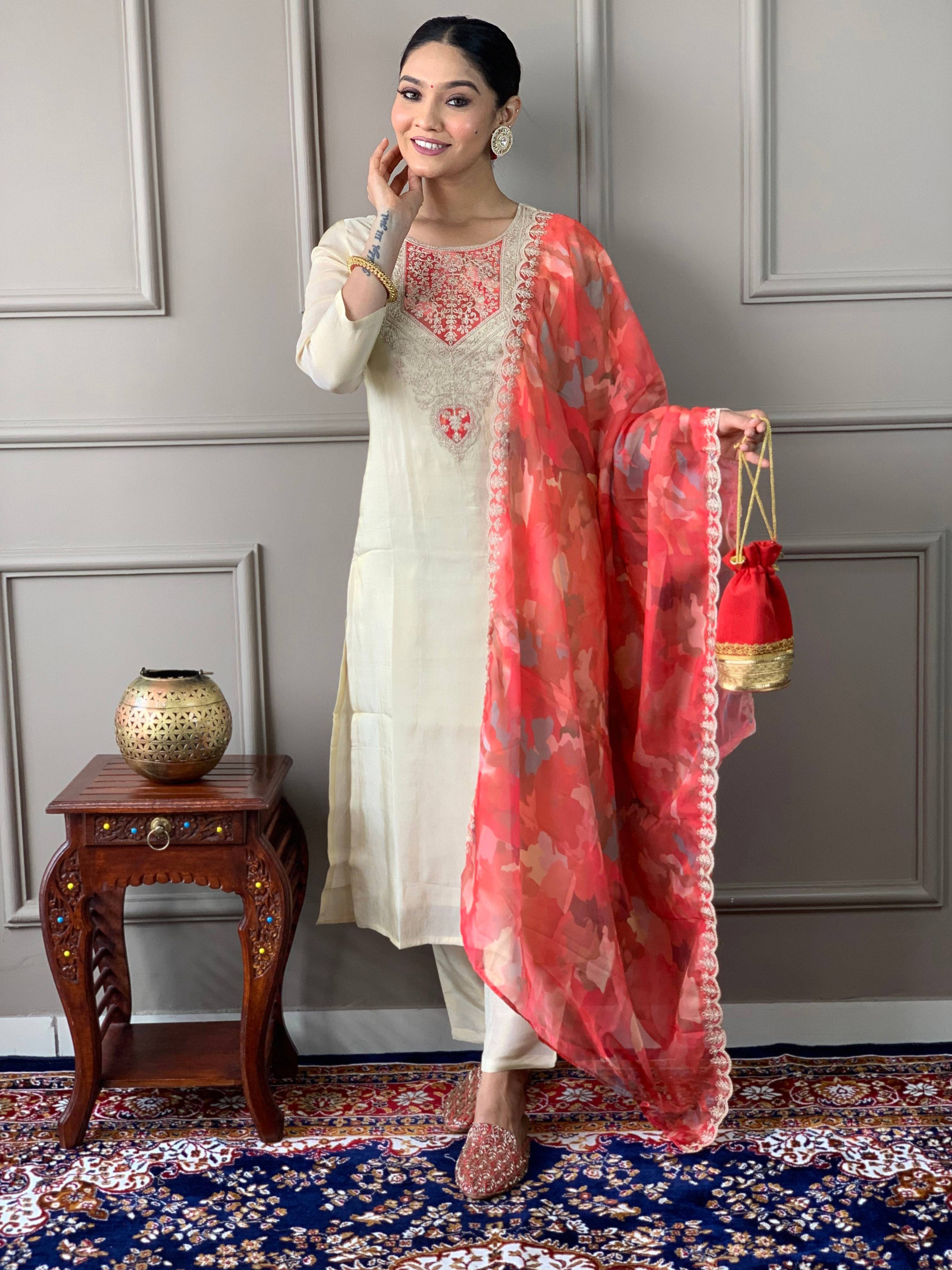 The52 Cream Embroidered Chanderi Silk Fabric Straight Kurta, Pant and Dupatta Set - Distacart