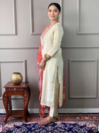 The52 Cream Embroidered Chanderi Silk Fabric Straight Kurta, Pant and Dupatta Set - Distacart