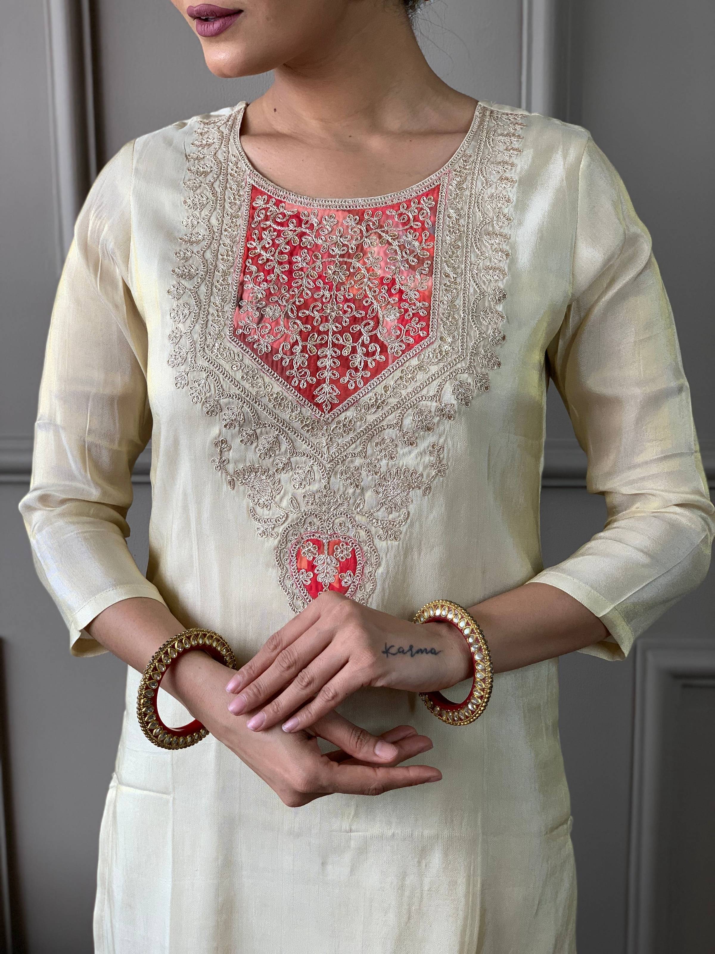 The52 Cream Embroidered Chanderi Silk Fabric Straight Kurta, Pant and Dupatta Set - Distacart