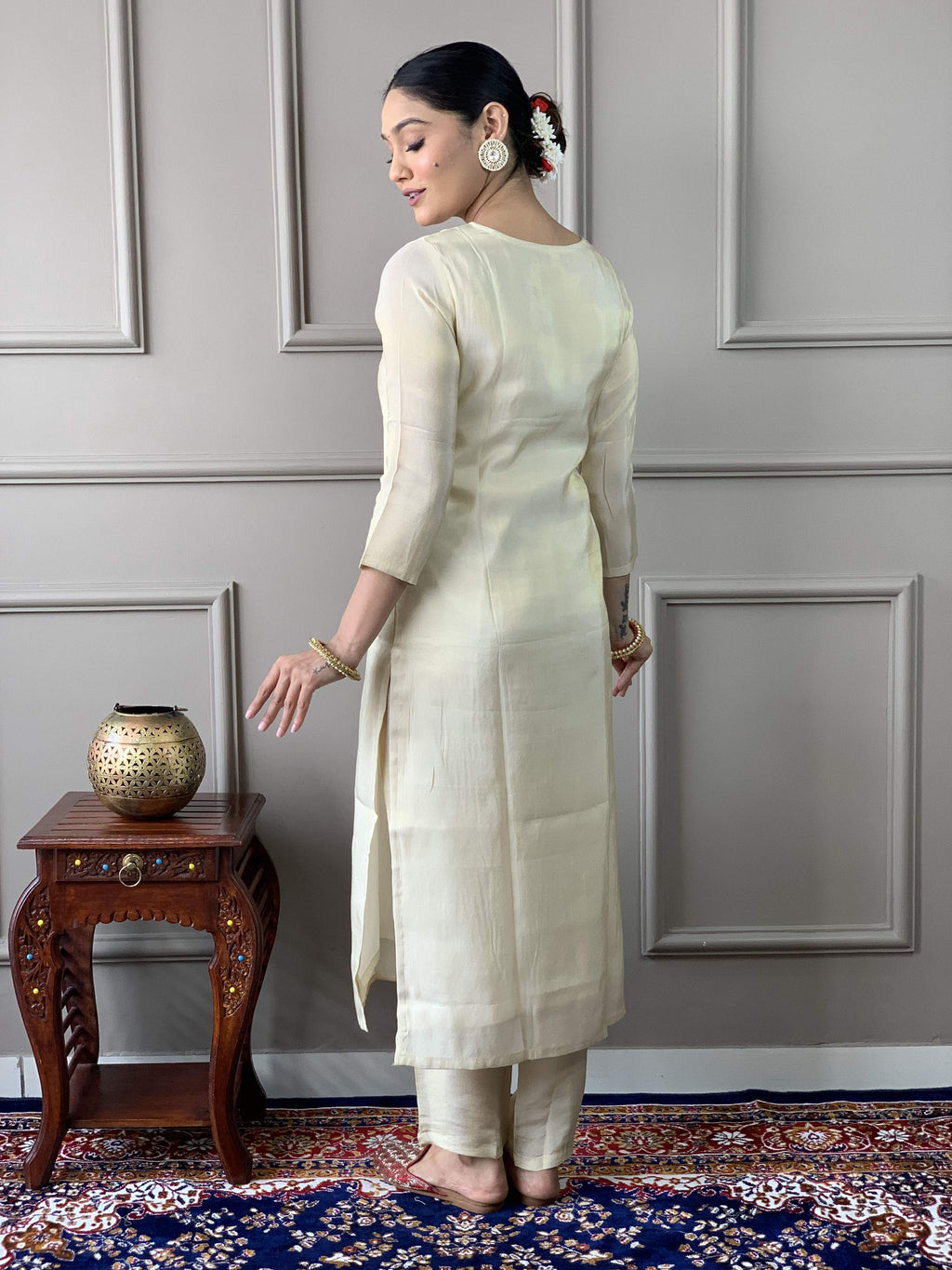 The52 Cream Embroidered Chanderi Silk Fabric Straight Kurta, Pant and Dupatta Set - Distacart