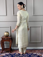 The52 Cream Embroidered Chanderi Silk Fabric Straight Kurta, Pant and Dupatta Set - Distacart