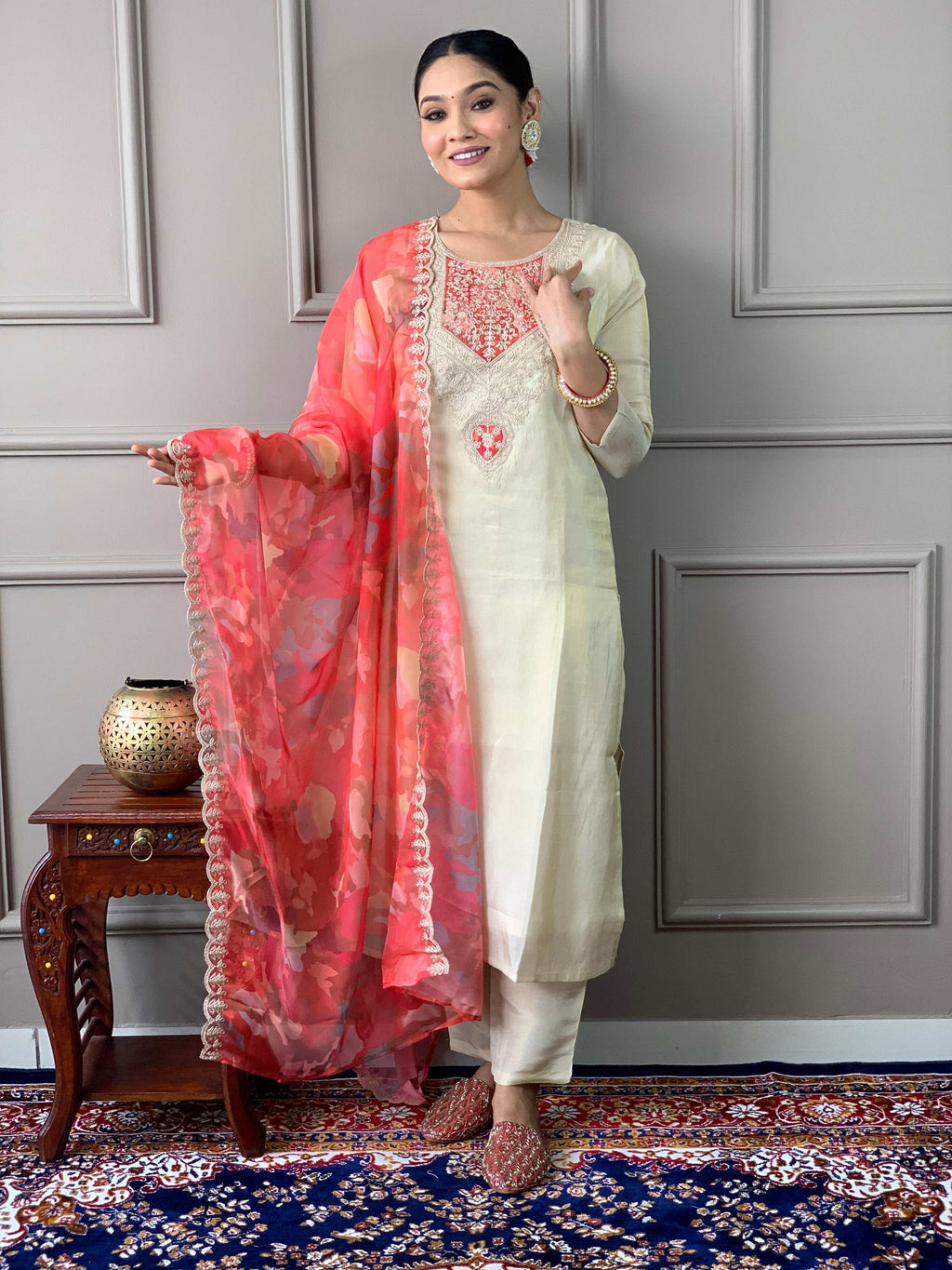 The52 Cream Embroidered Chanderi Silk Fabric Straight Kurta, Pant and Dupatta Set - Distacart