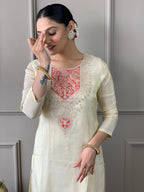 The52 Cream Embroidered Chanderi Silk Fabric Straight Kurta, Pant and Dupatta Set - Distacart