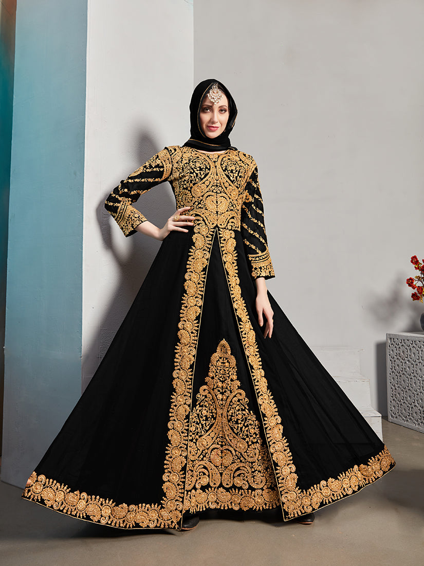 Monjolika Fashion Designer Real Georgette With Embroidered Pakistani Anarkali Suits In Black Color - Distacart