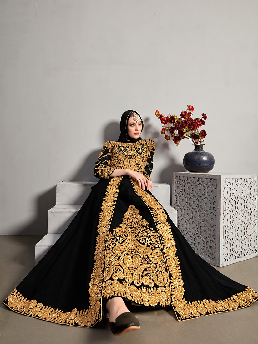 Monjolika Fashion Designer Real Georgette With Embroidered Pakistani Anarkali Suits In Black Color - Distacart