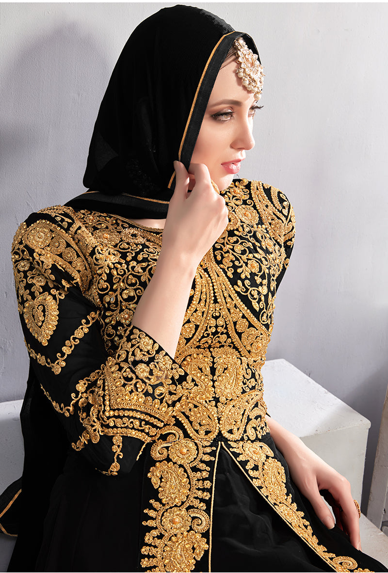 Monjolika Fashion Designer Real Georgette With Embroidered Pakistani Anarkali Suits In Black Color - Distacart