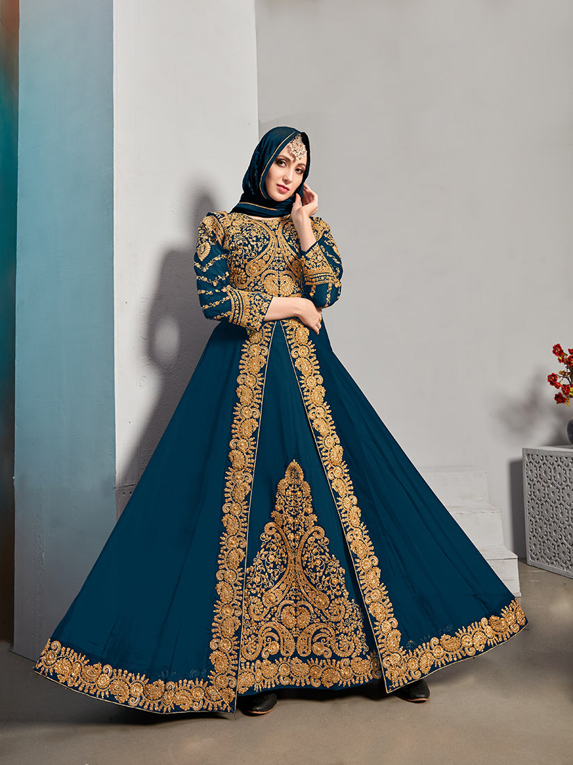 Monjolika Fashion Designer Real Georgette With Embroidered Pakistani Anarkali Suits In Teal Color - Distacart
