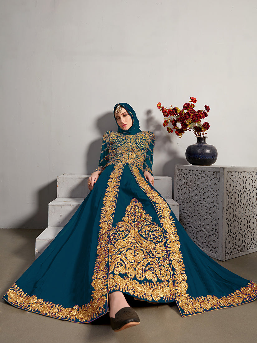Monjolika Fashion Designer Real Georgette With Embroidered Pakistani Anarkali Suits In Teal Color - Distacart