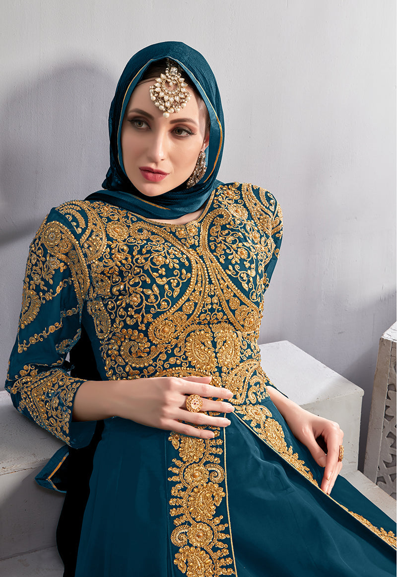 Monjolika Fashion Designer Real Georgette With Embroidered Pakistani Anarkali Suits In Teal Color - Distacart