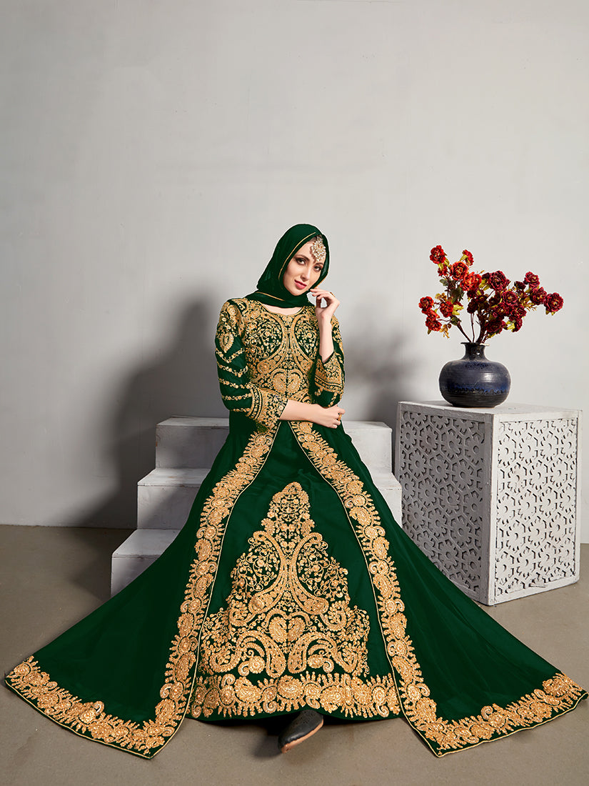 Monjolika Fashion Designer Real Georgette With Embroidered Pakistani Anarkali Suits In Dark Green Color - Distacart