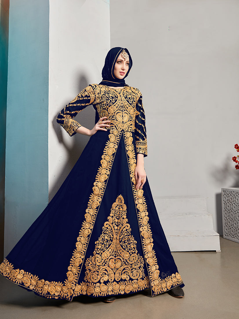 Monjolika Fashion Designer Real Georgette With Embroidered Pakistani Anarkali Suits In Navy Blue Color - Distacart