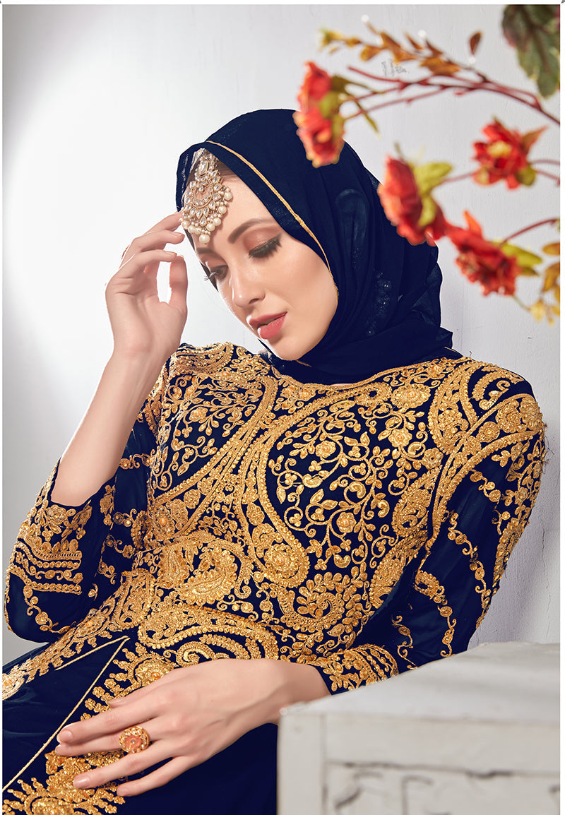 Monjolika Fashion Designer Real Georgette With Embroidered Pakistani Anarkali Suits In Navy Blue Color - Distacart