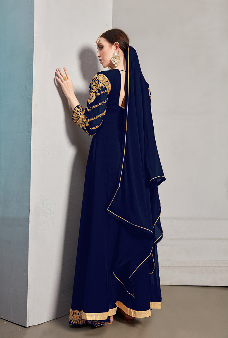 Monjolika Fashion Designer Real Georgette With Embroidered Pakistani Anarkali Suits In Navy Blue Color - Distacart