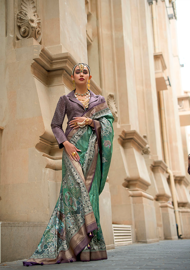 Monjolika Fashion Foil Print Green Viscose Silk Classic Saree