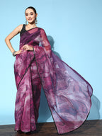 Tikhi Imli Purple & Grey Abstract Print Net Saree - Distacart