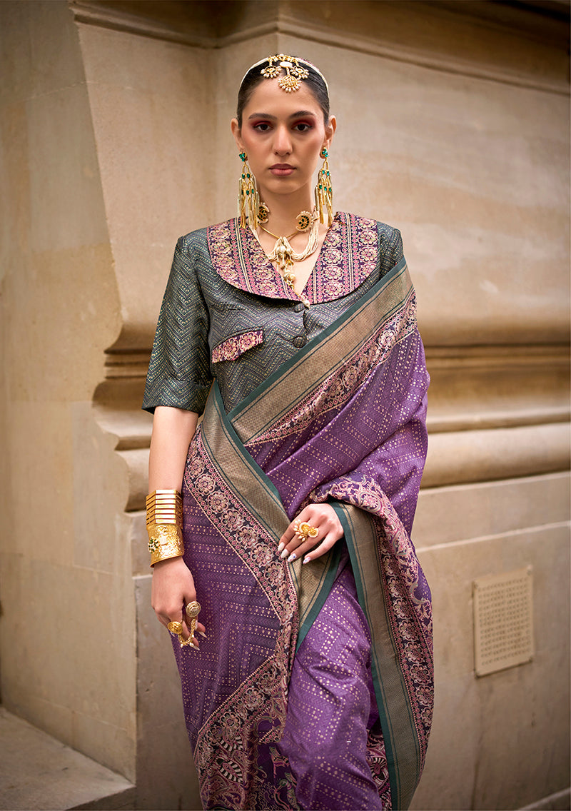 Monjolika Fashion Foil Print Purple Viscose Silk Classic Saree