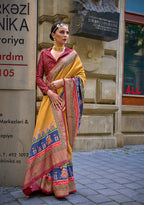 Monjolika Fashion Foil Print Yellow Viscose Silk Classic Saree