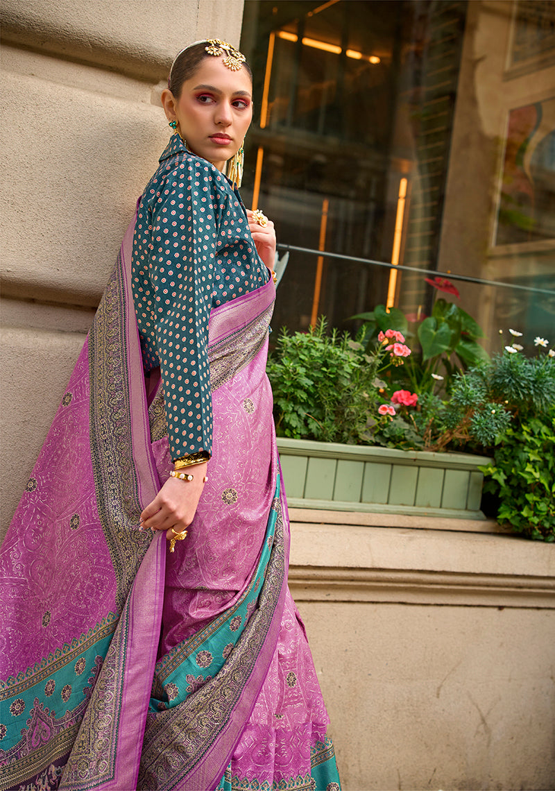 Monjolika Fashion Foil Print Pink Viscose Silk Classic Saree