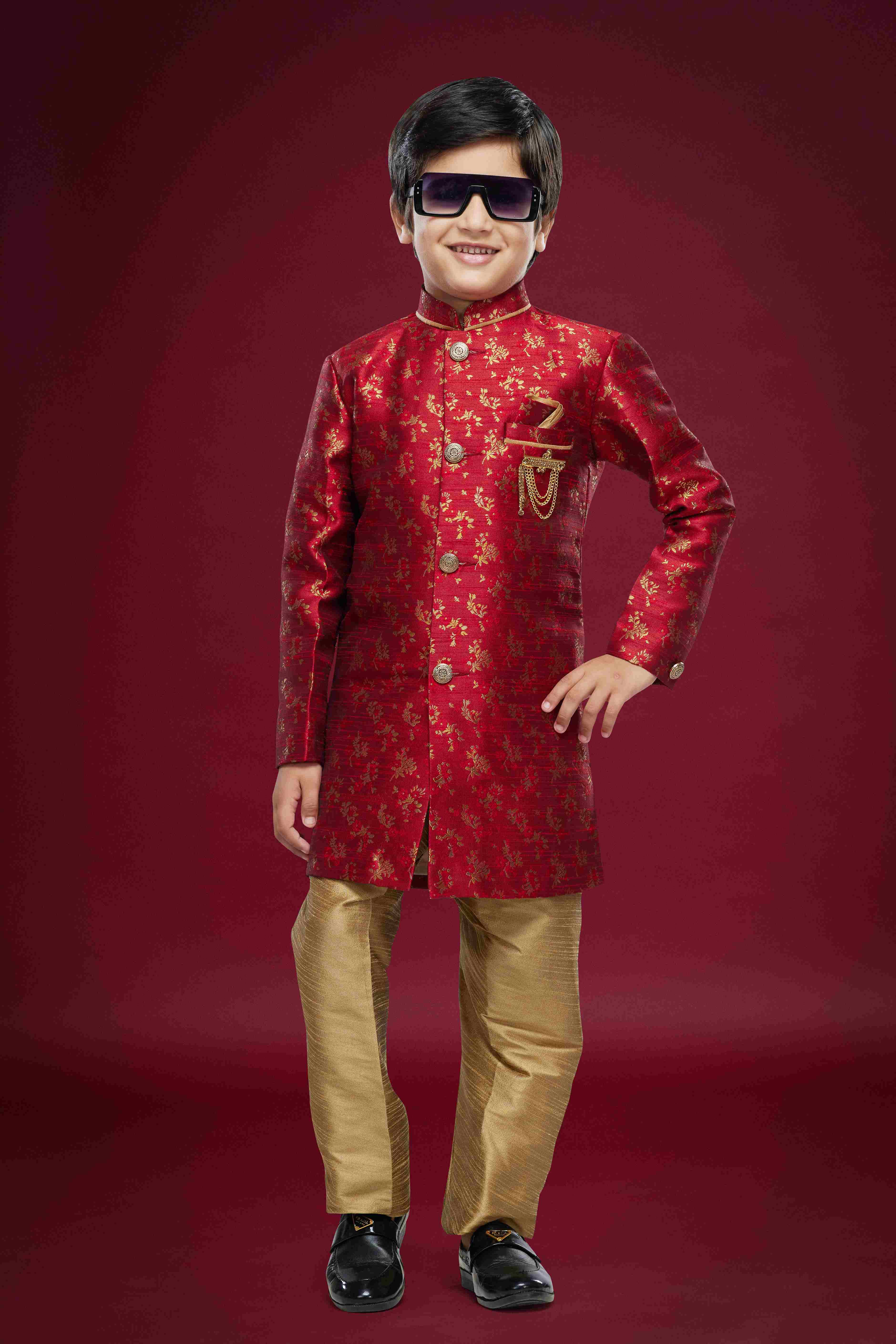Raivat Ethnic Kids Banarasi Jacquard Woven Work Semi Indo Western Set Maroon Colour