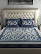 LA VERNE Blue & White Printed 104 TC Queen Bedsheet with 2 Pillow Covers