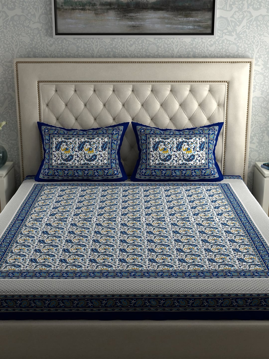 LA VERNE Blue & White Printed 104 TC Queen Bedsheet with 2 Pillow Covers